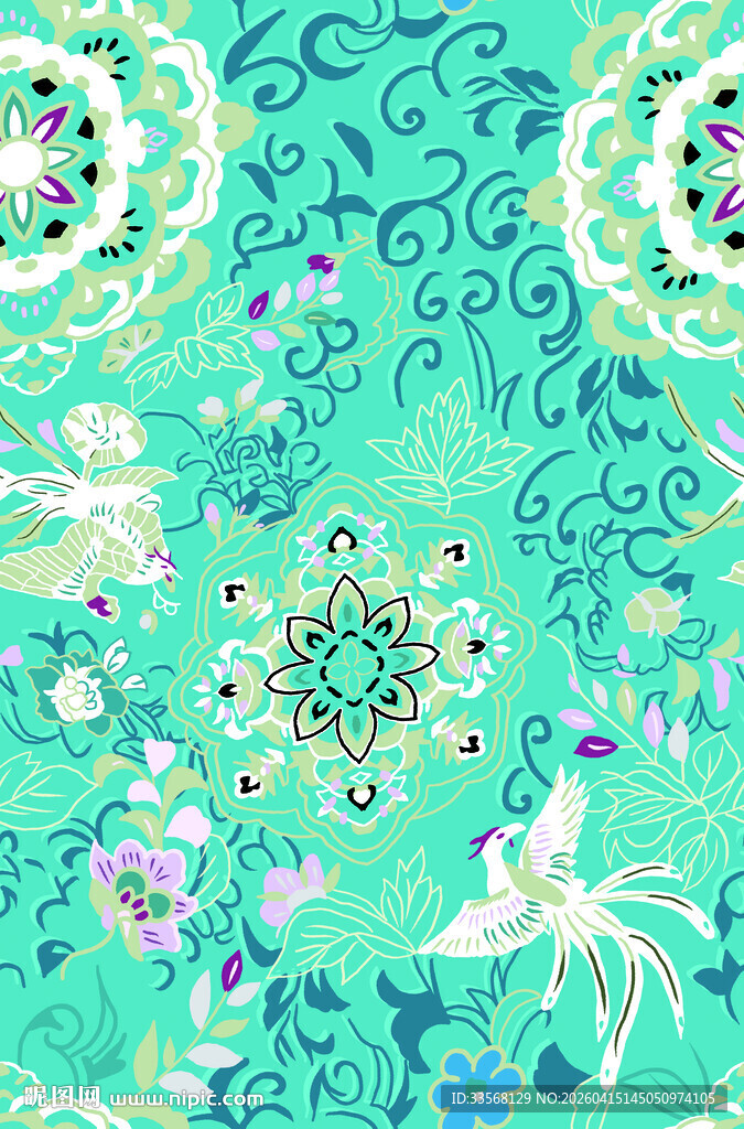 蓝绿色调精美花卉图案