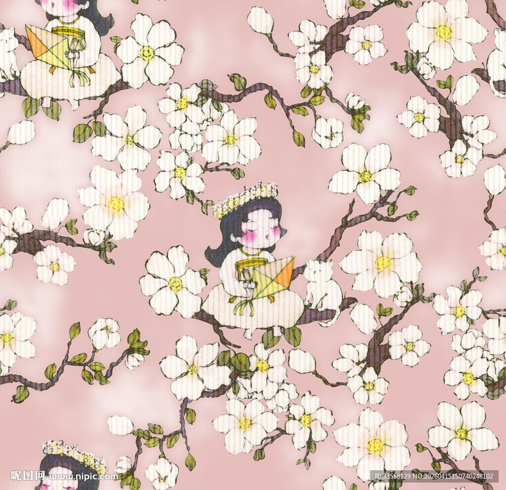 粉色背景上的花朵与人物图案