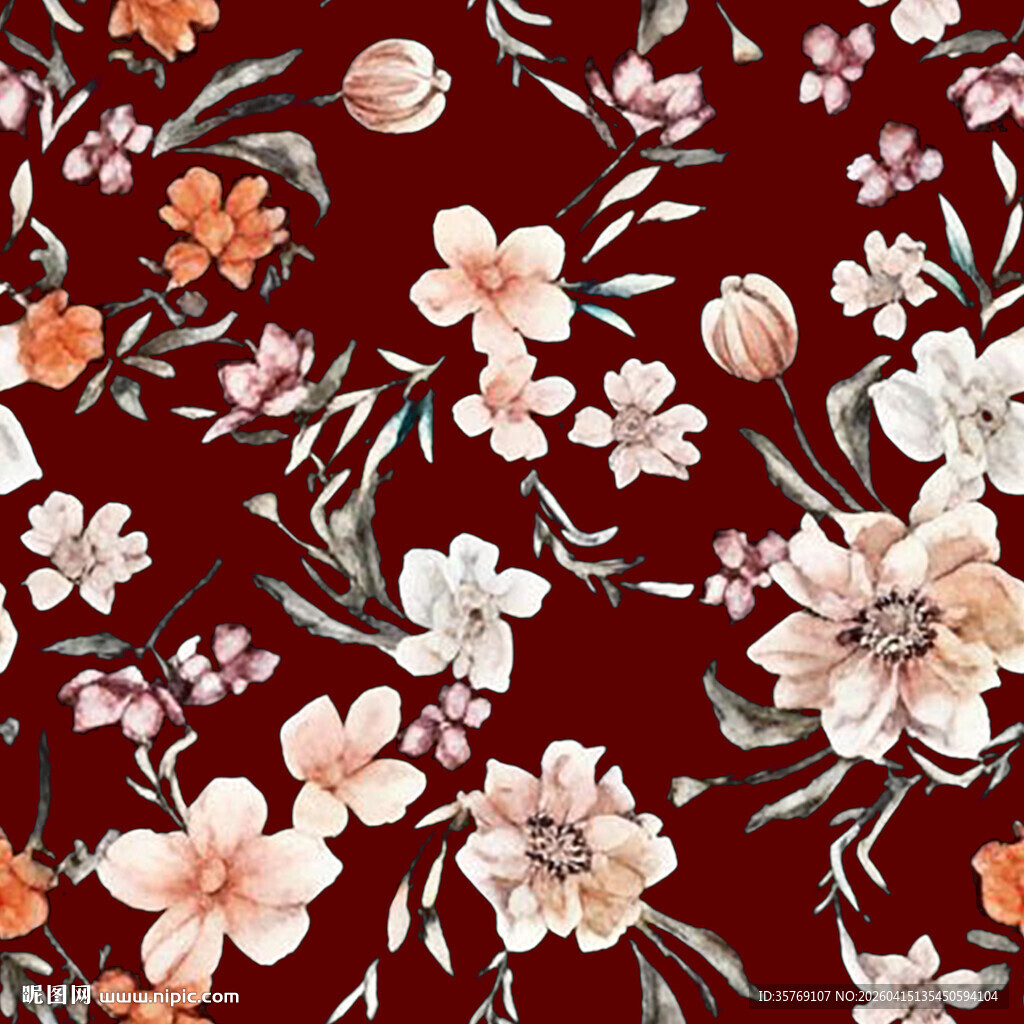 深红底花卉图案纹理