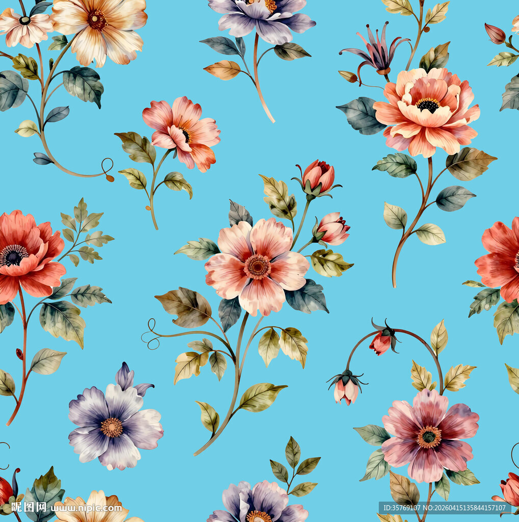 蓝色底花卉图案精美壁纸