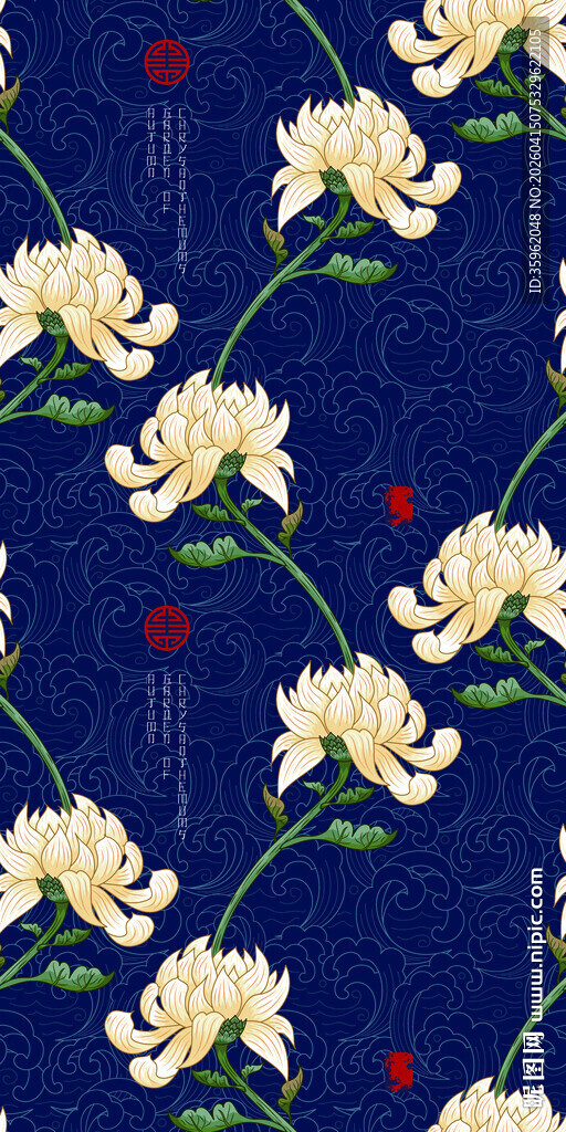 深蓝色底白花花卉图案