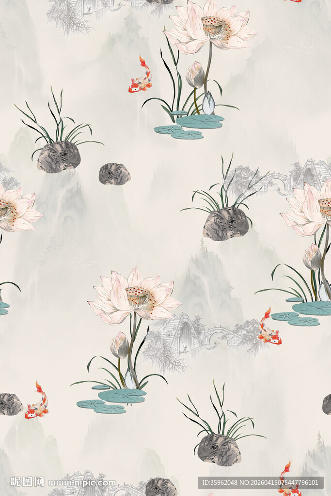 中式水墨风花卉池塘图案