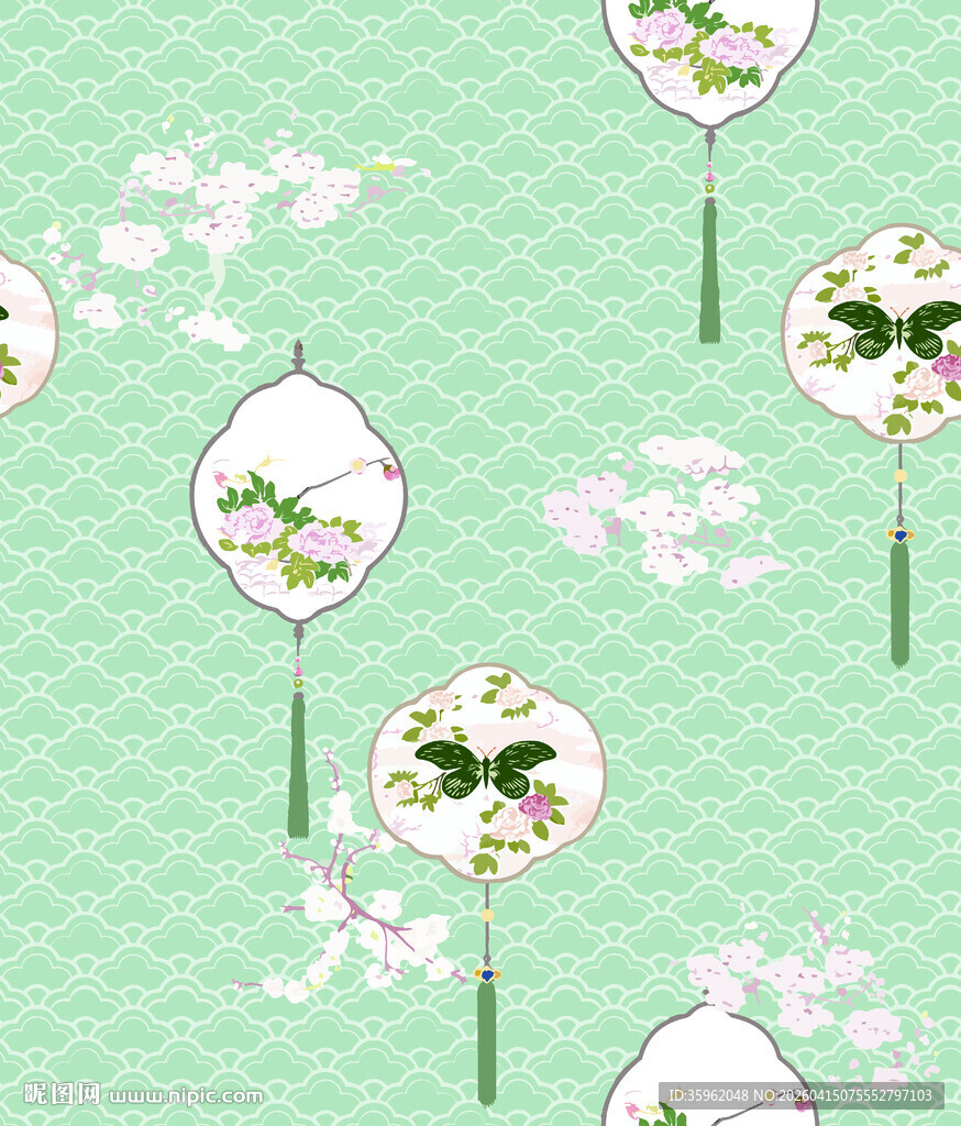 中式古风团扇花卉背景图