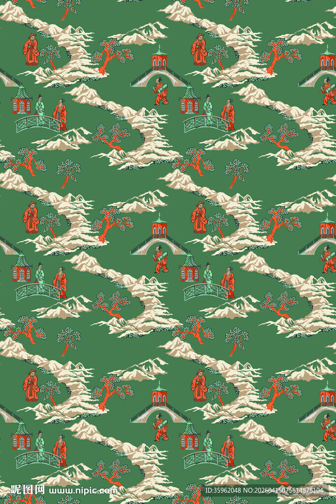 中式传统绿底云纹图案