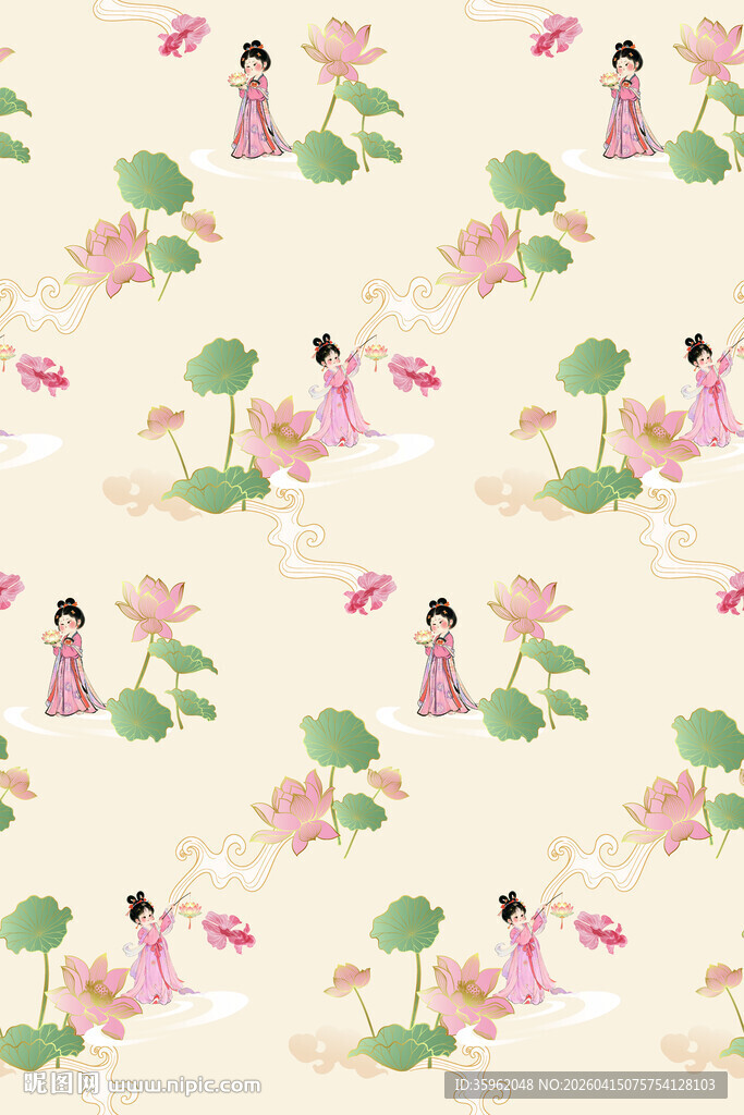 古典仕女荷花图案背景