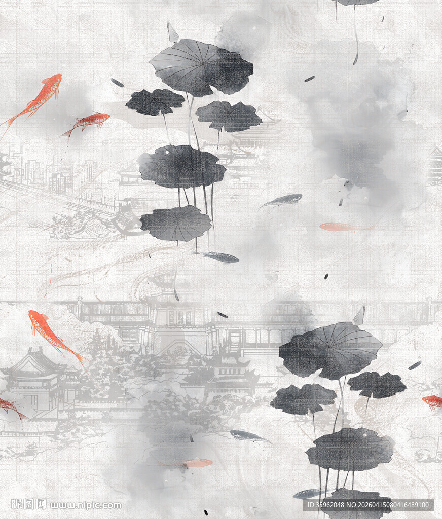 水墨池塘中游弋的红金鱼