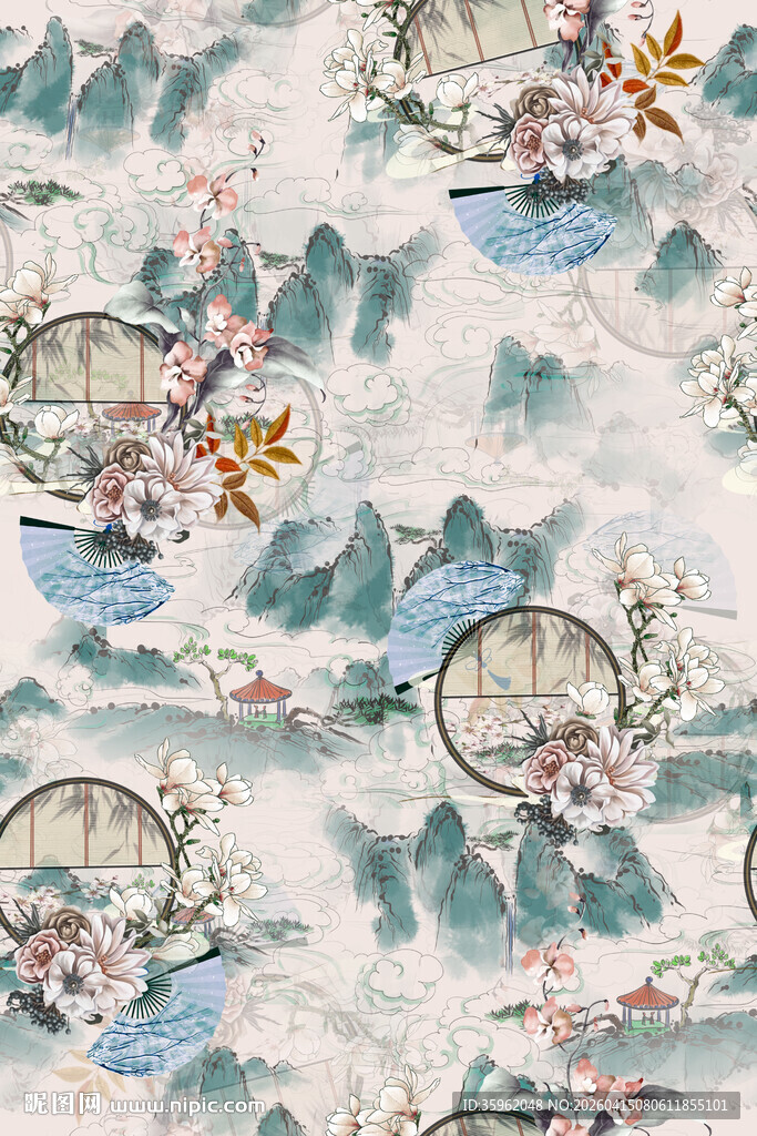 中式山水花鸟图案布料