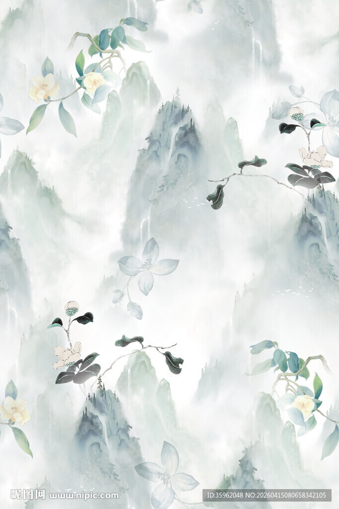 水墨山水间飞鸟翱翔图