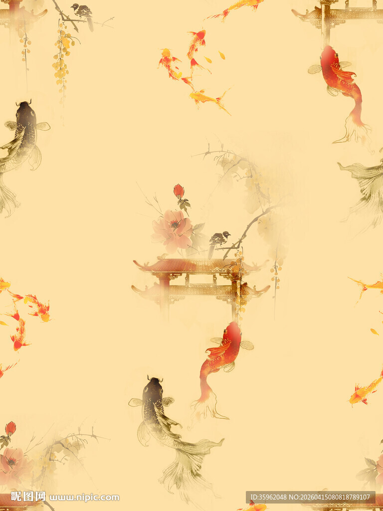 中式水墨风金鱼图案背景