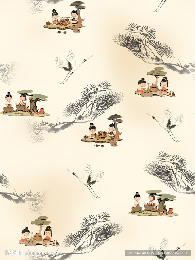 中式古风山水船只飞鸟图案