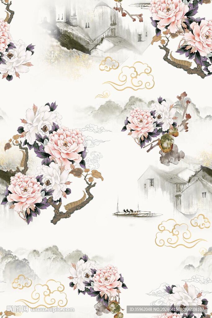 中式花鸟山水图案纹理