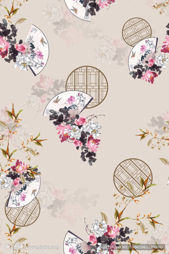 日式花鸟图案布料纹理