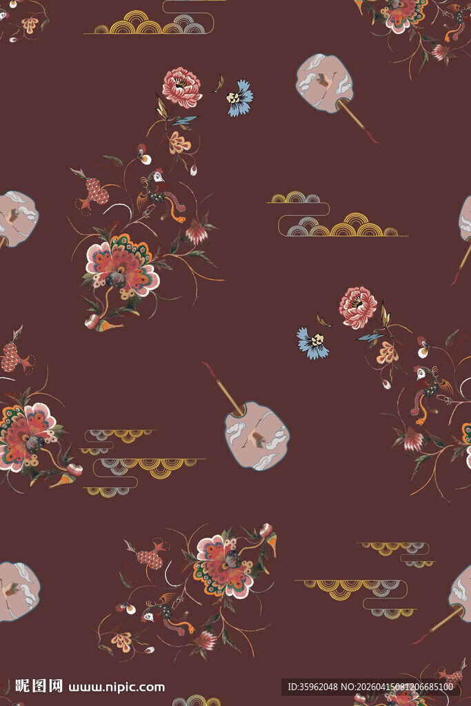 中式复古花卉飞鸟图案