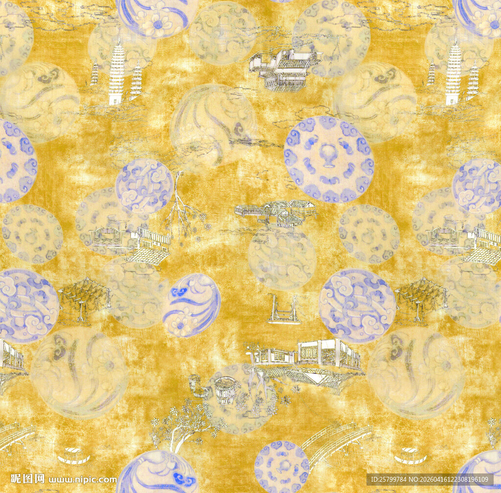 金色底青花瓷图案纹理
