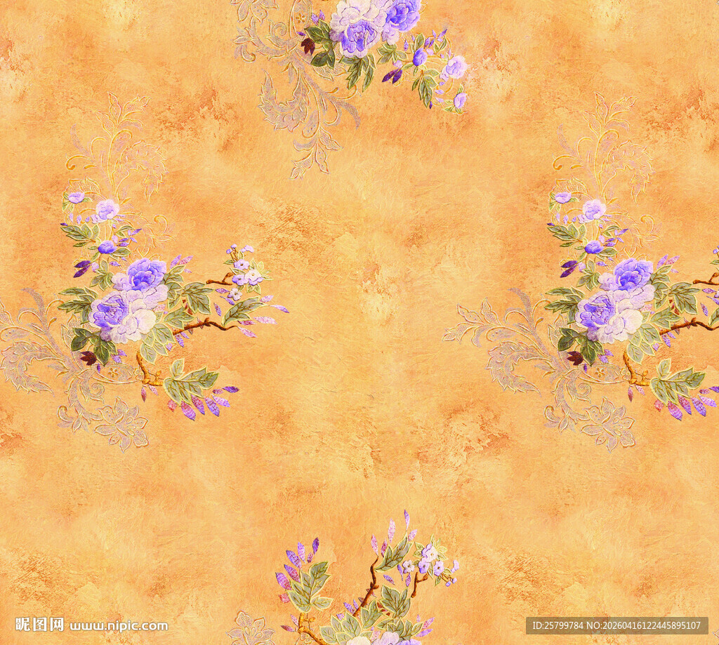 橙色底紫色花卉图案背景
