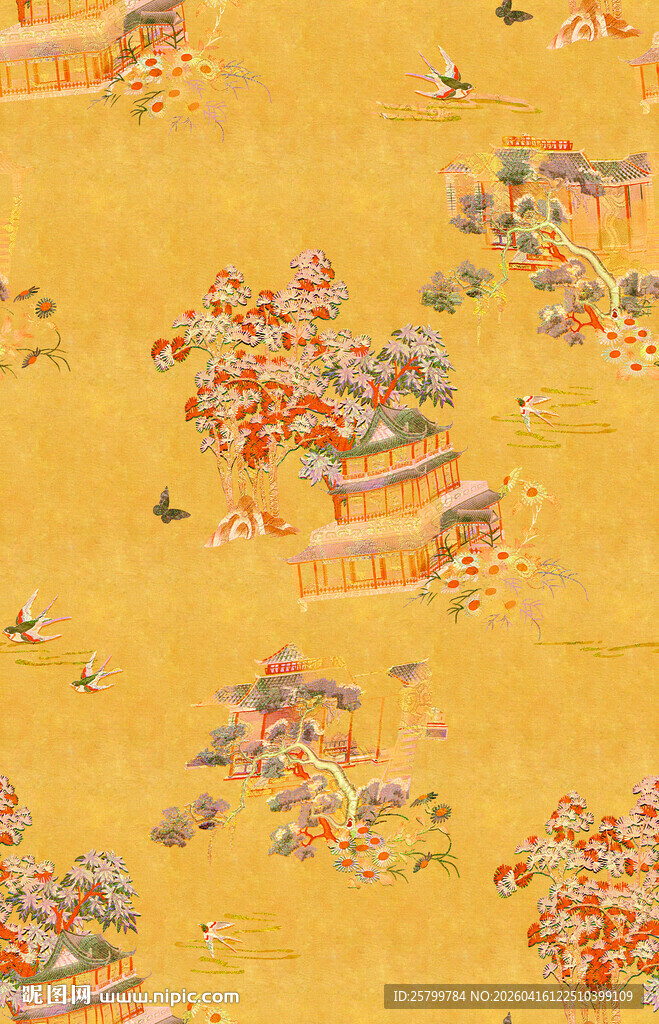 中式古典花卉纹黄色织物