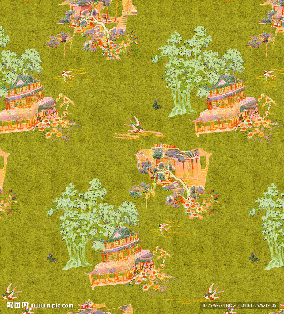 田园风小屋绿植图案背景