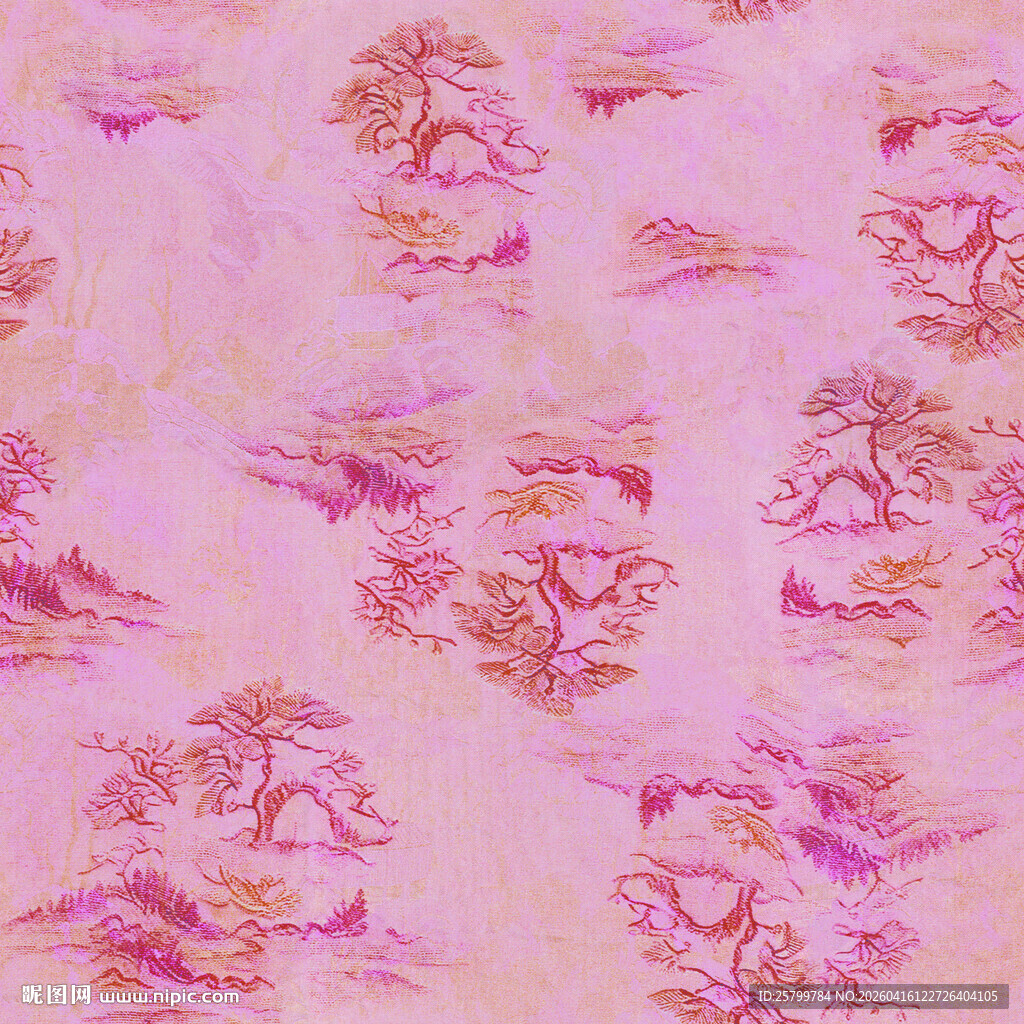粉色中式山水图案布料