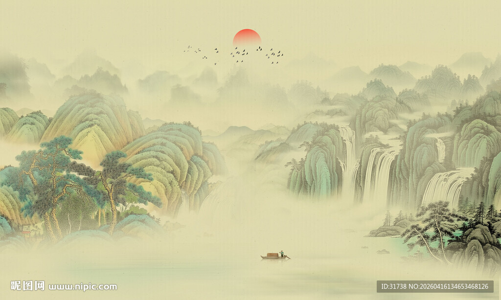 新中式仿古山水国画电视背景墙