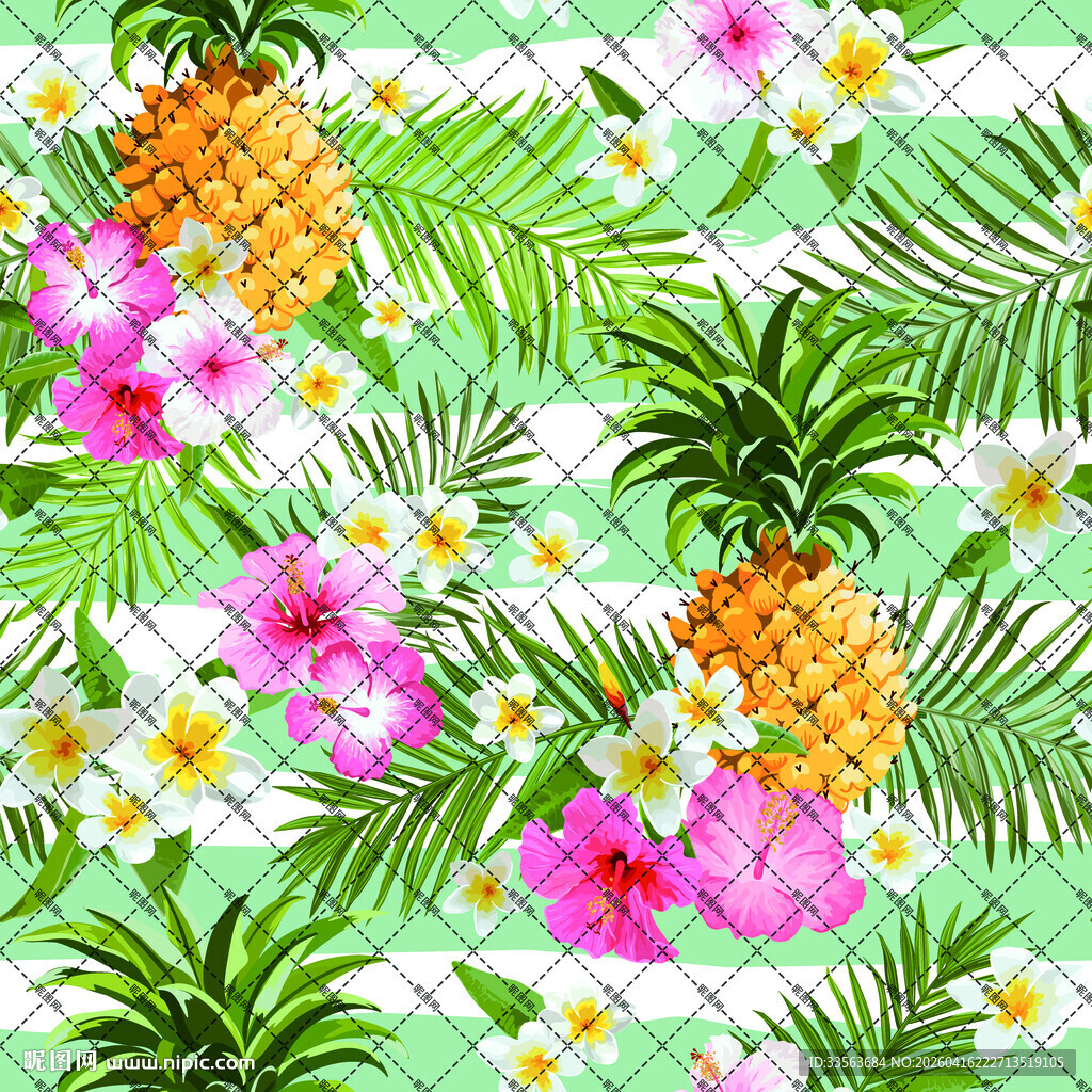 热带花卉菠萝图案背景