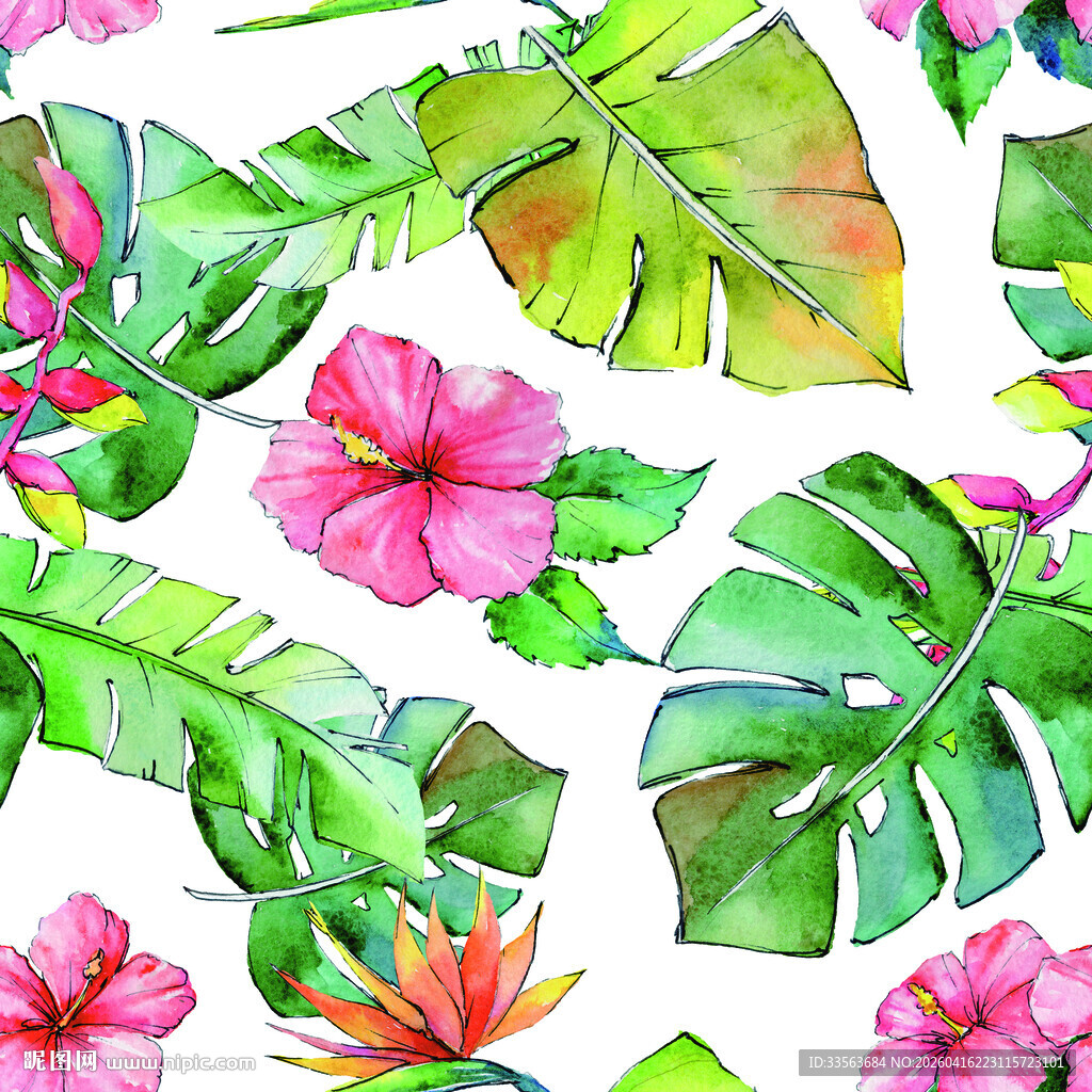 热带花卉绿叶水彩图案