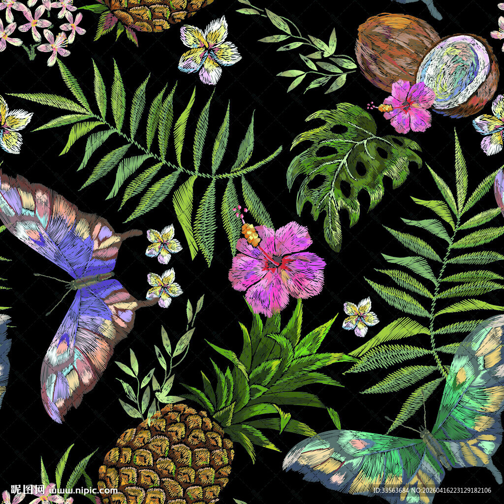 热带花卉蝴蝶刺绣图案