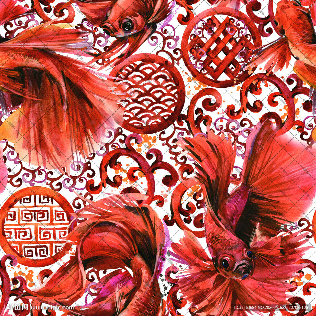 中式红金鱼花纹图案设计