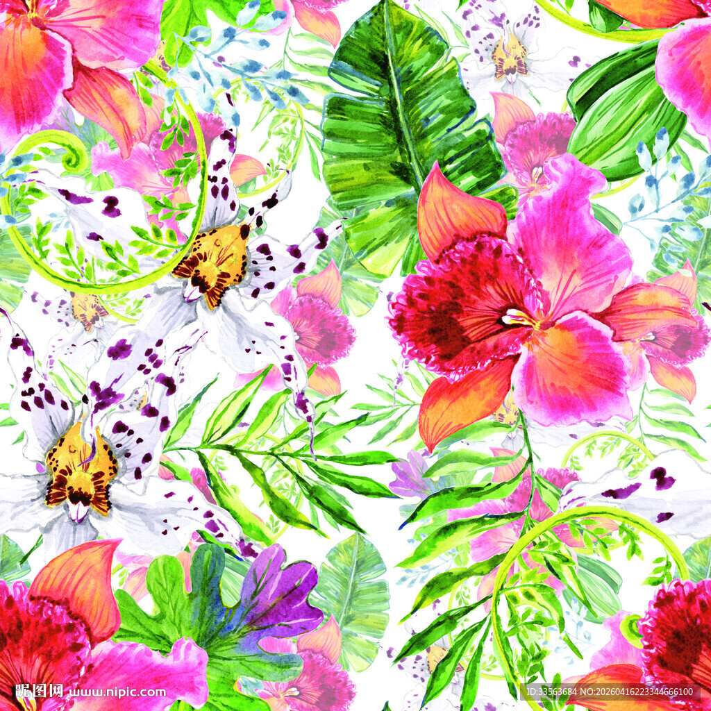 热带花卉昆虫水彩图案