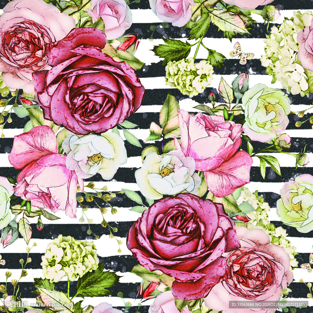 条纹背景上的水彩花卉图案