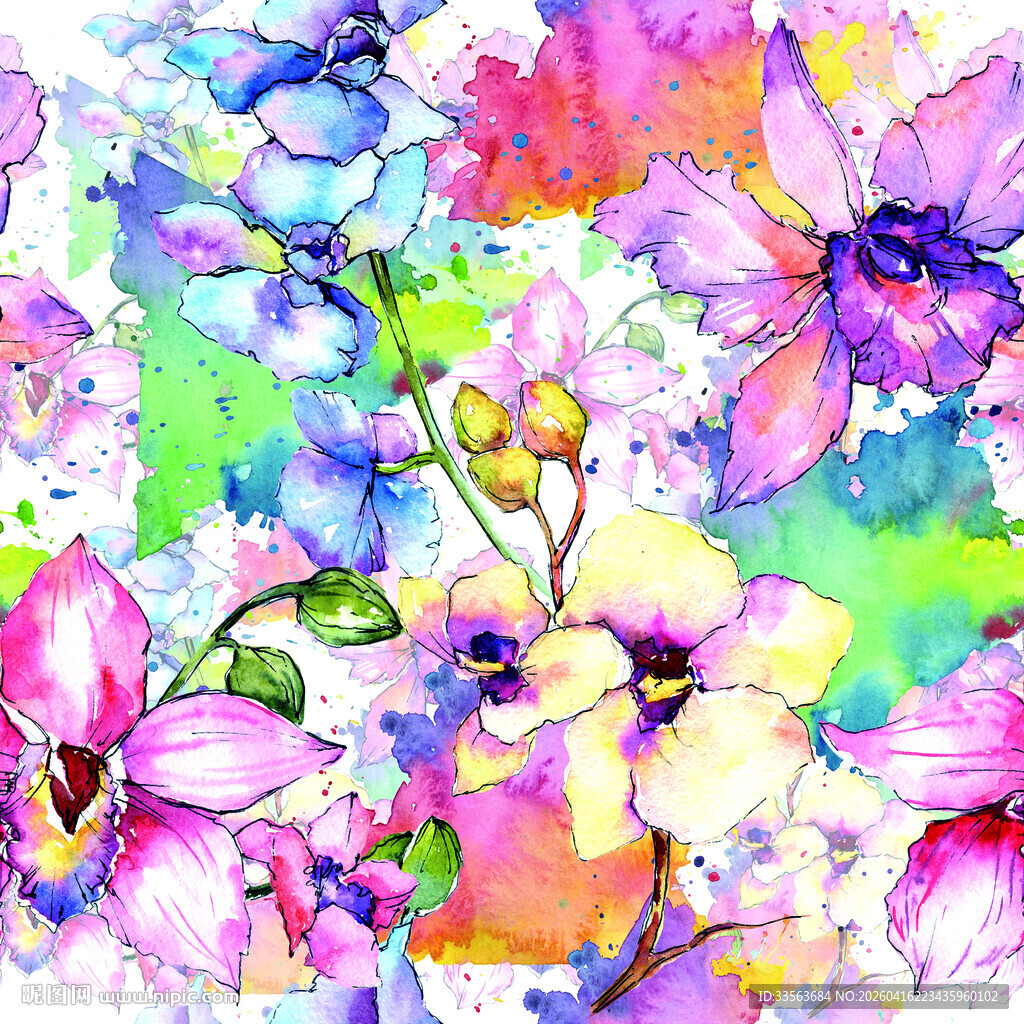 水彩绘多彩绚烂兰花图