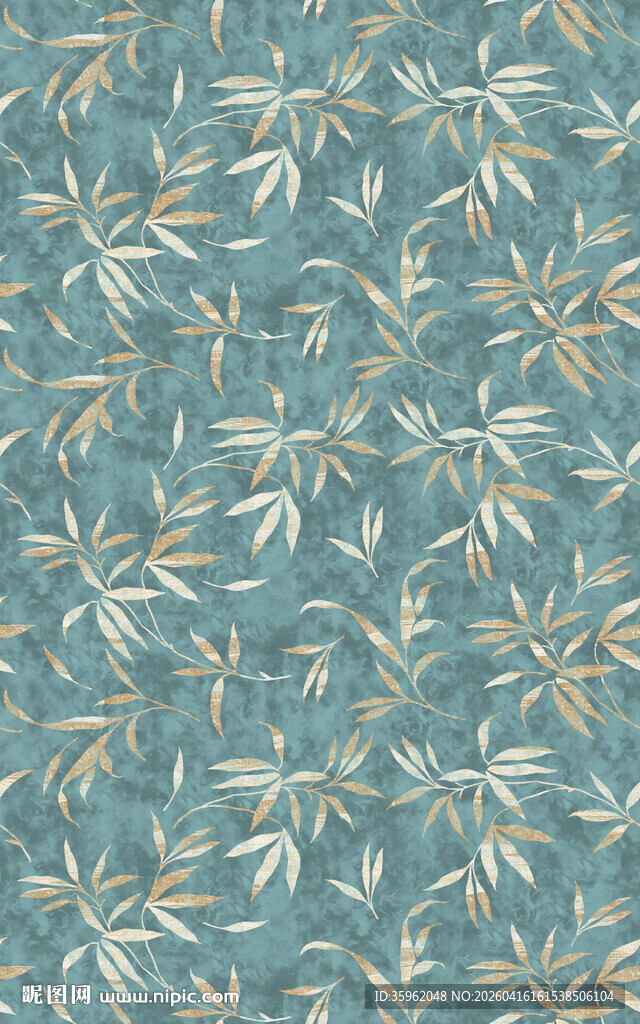 蓝底竹叶花卉图案纹理