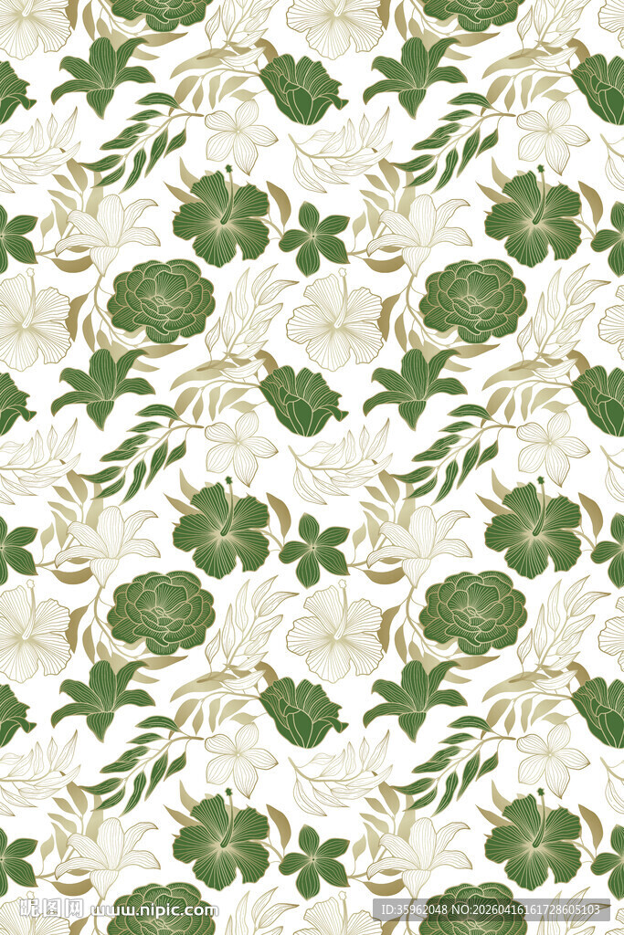 绿叶花卉图案无缝背景