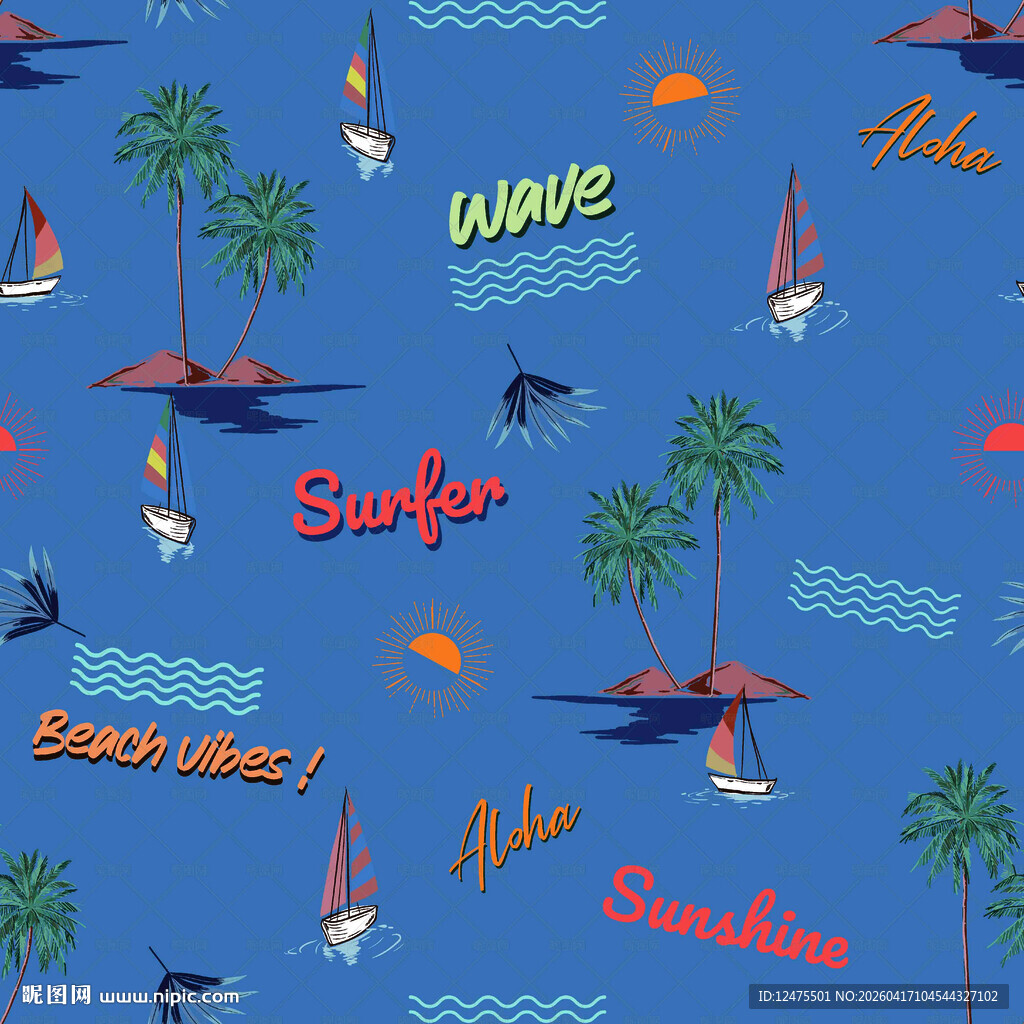 蓝色海洋冲浪帆船图案