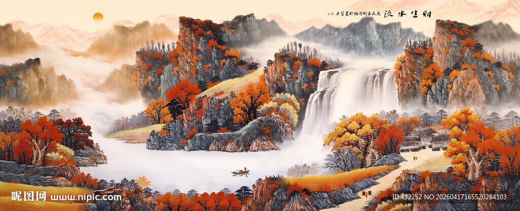 鸿运当头国画流水生财