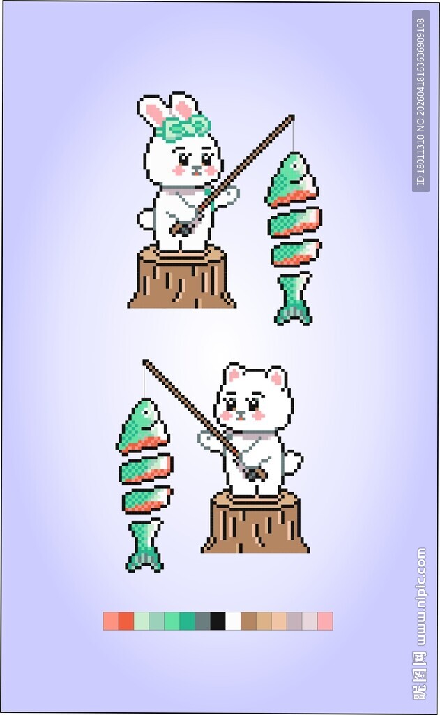 卡通小熊钓鱼图案设计像素