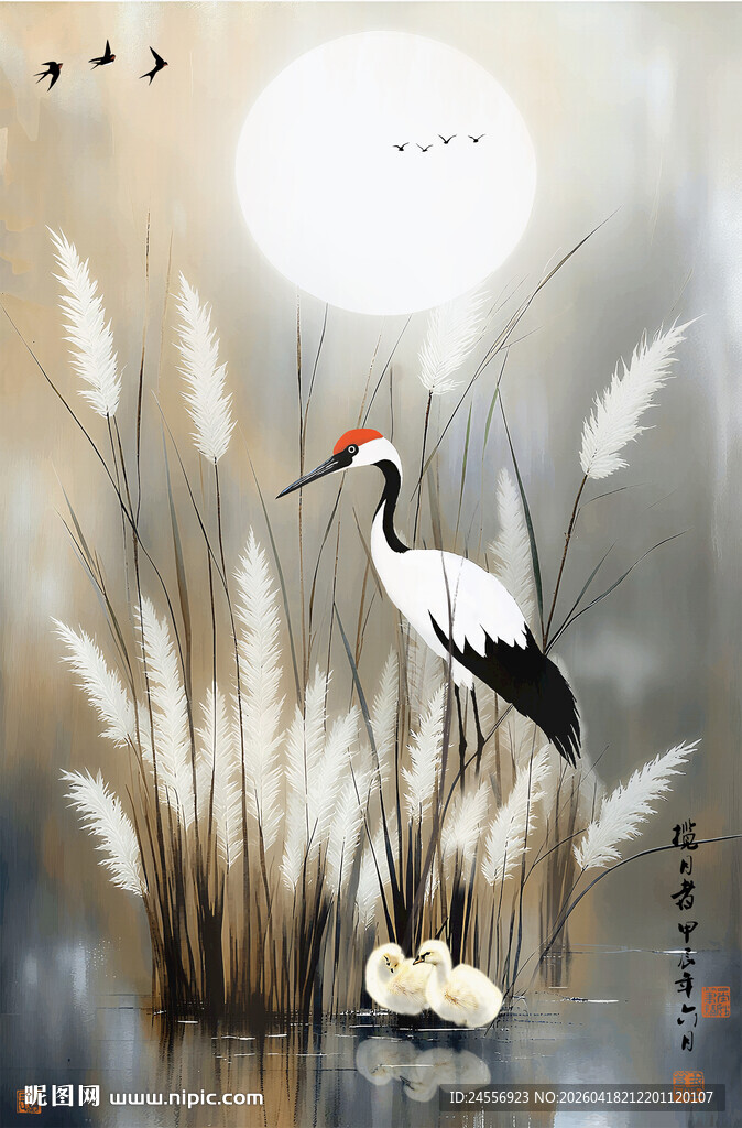 新中式水墨花鸟装饰画丹顶鹤湿地