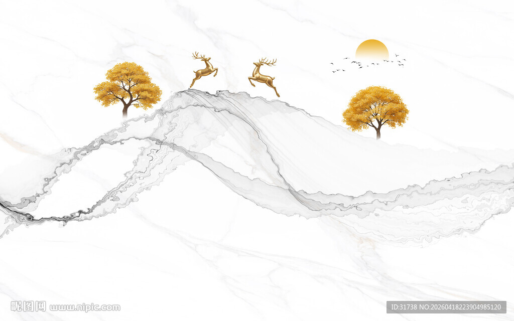 新中式抽象烟雾线条麋鹿发财树