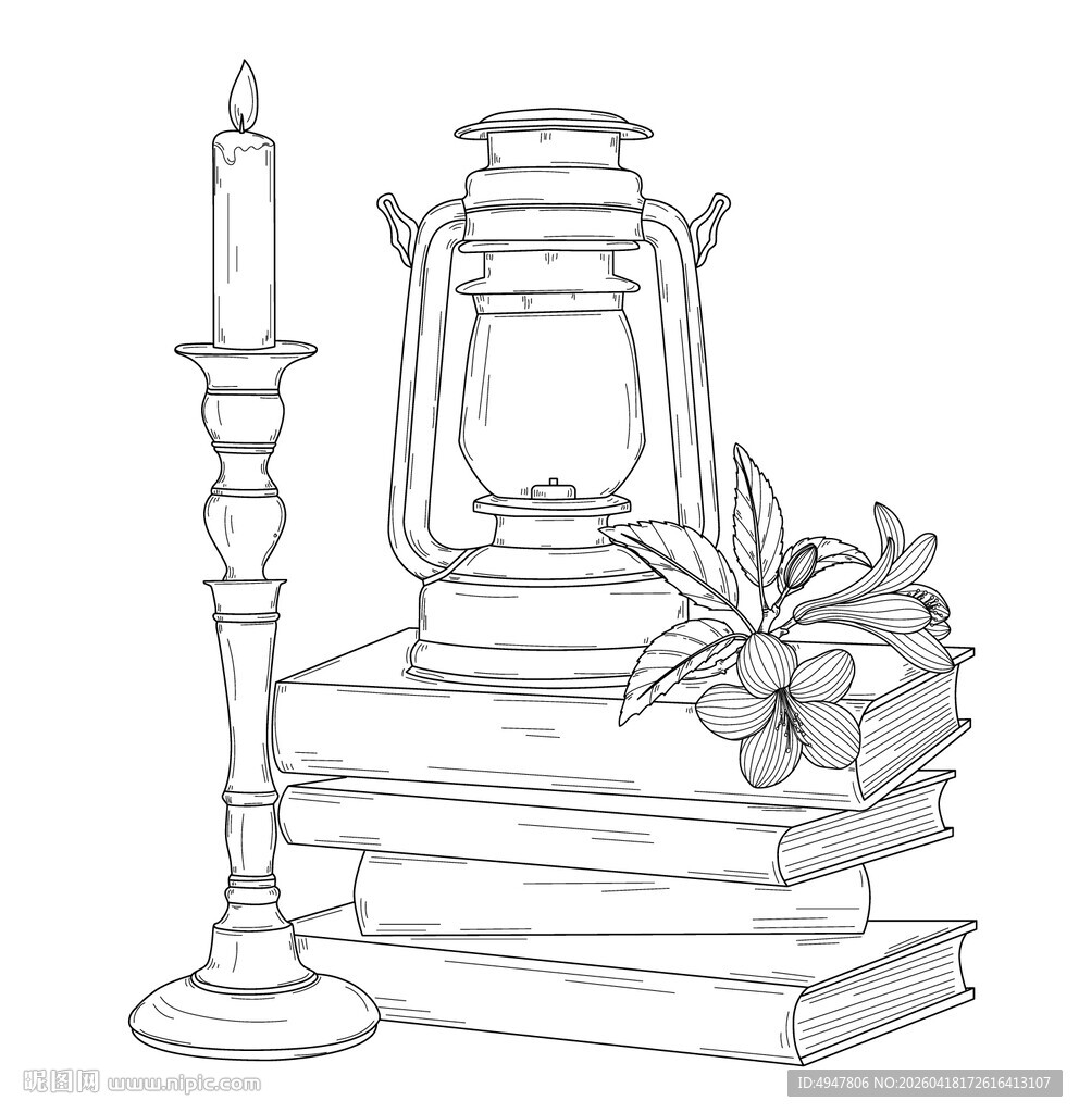 烛台灯盏伴书的静谧画面 矢量图