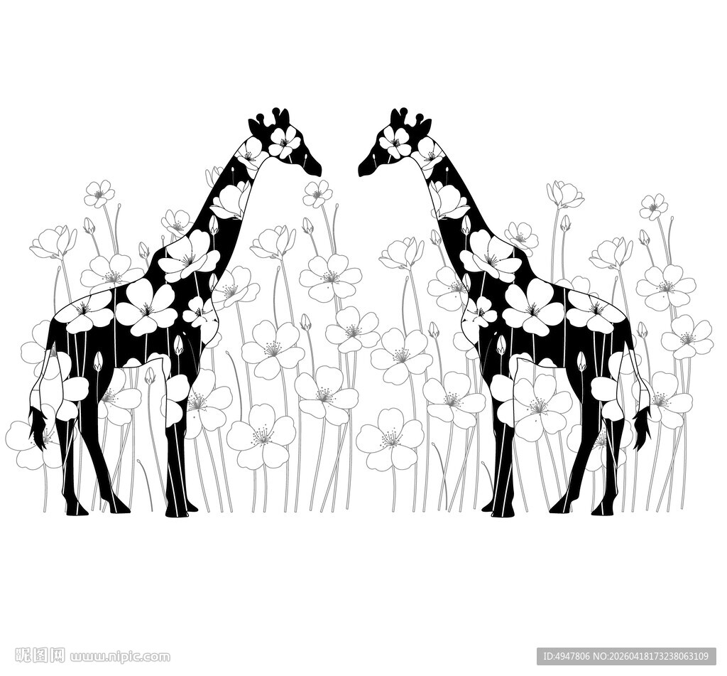 黑白长颈鹿艺术插画 矢量图