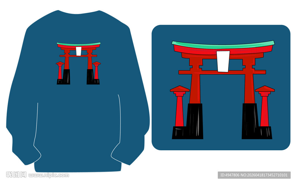 蓝色卫衣日式鸟居图案 矢量图
