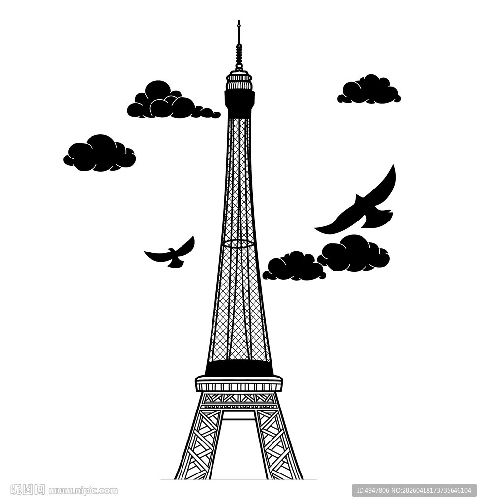 埃菲尔铁塔与飞鸟云朵 矢量图