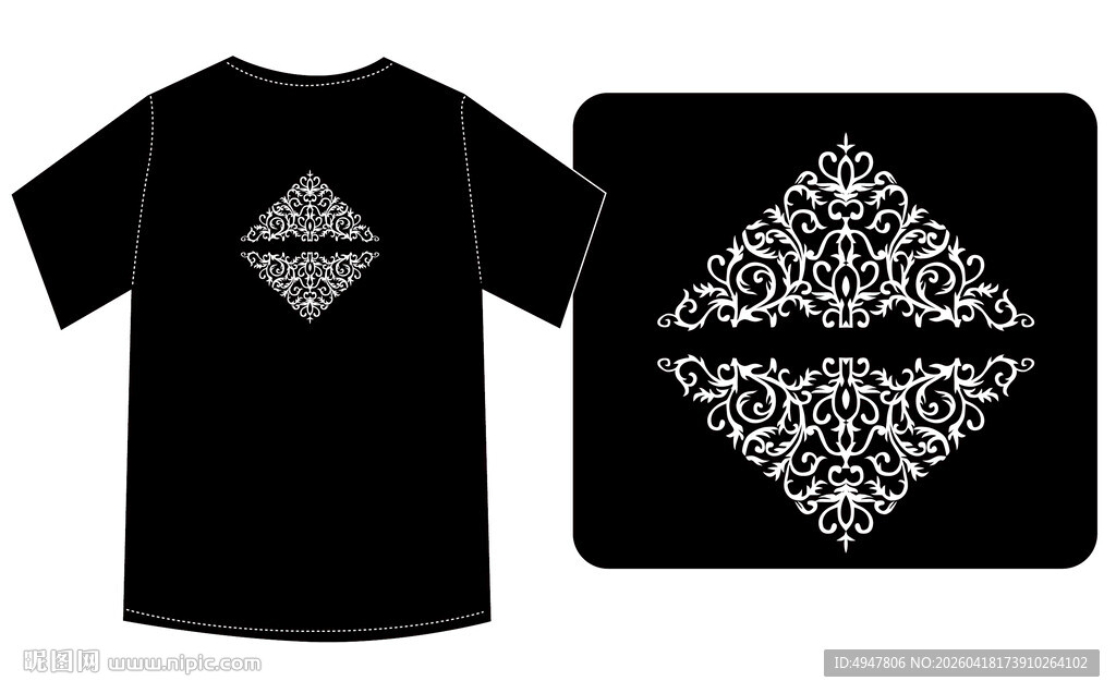 黑色T恤精美花纹图案 矢量图