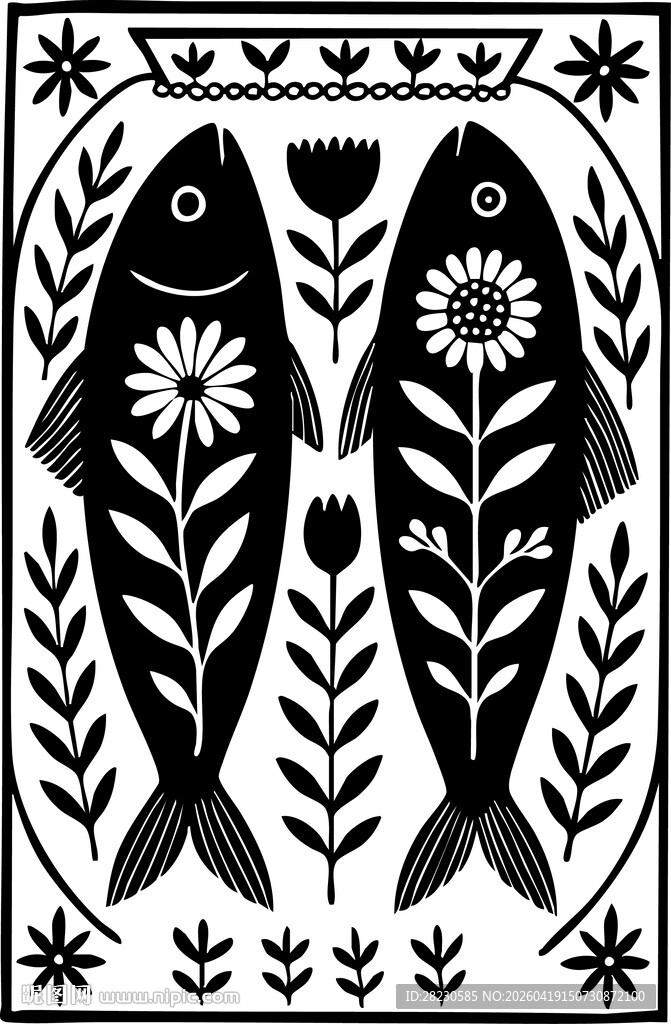 黑白双鱼花卉装饰图案