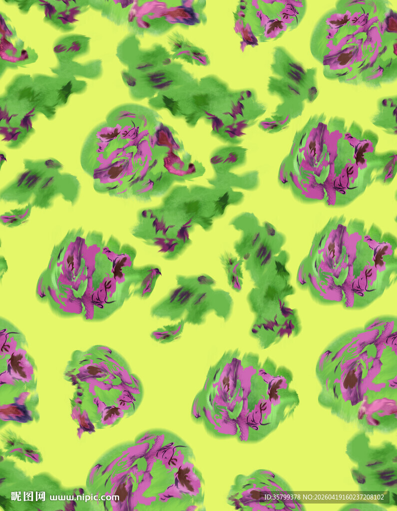 黄绿底紫色花朵图案