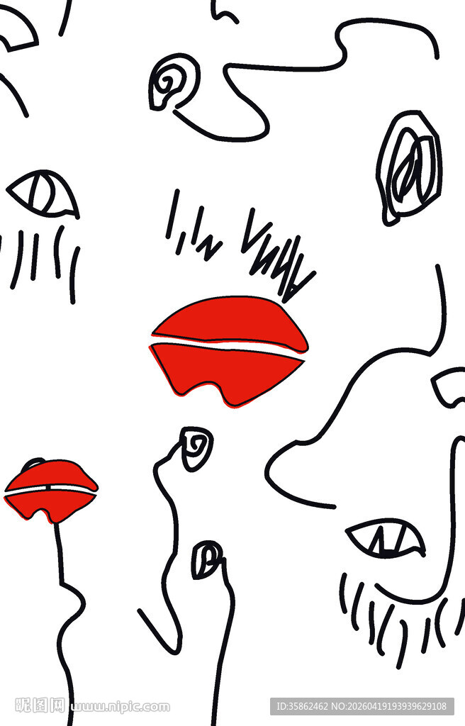 手绘抽象表情与红唇
