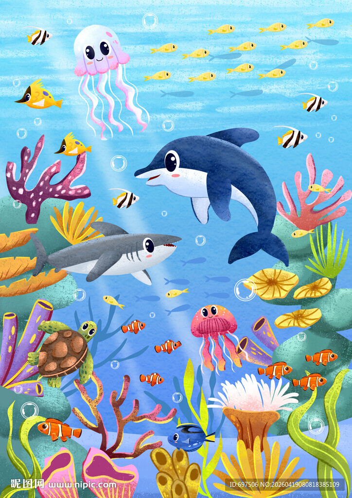 水彩海底世界卡通海洋动物背景