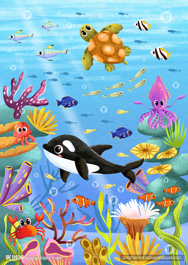 可爱鲸鱼卡通海底动物珊瑚背景