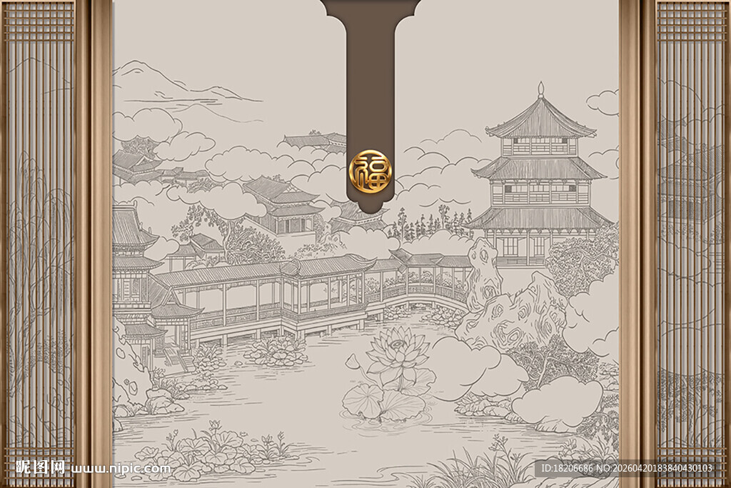 中式楼阁格栅形象墙