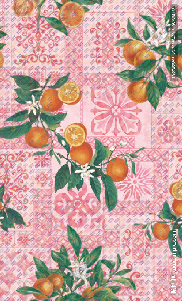 粉色底柑橘花卉图案设计