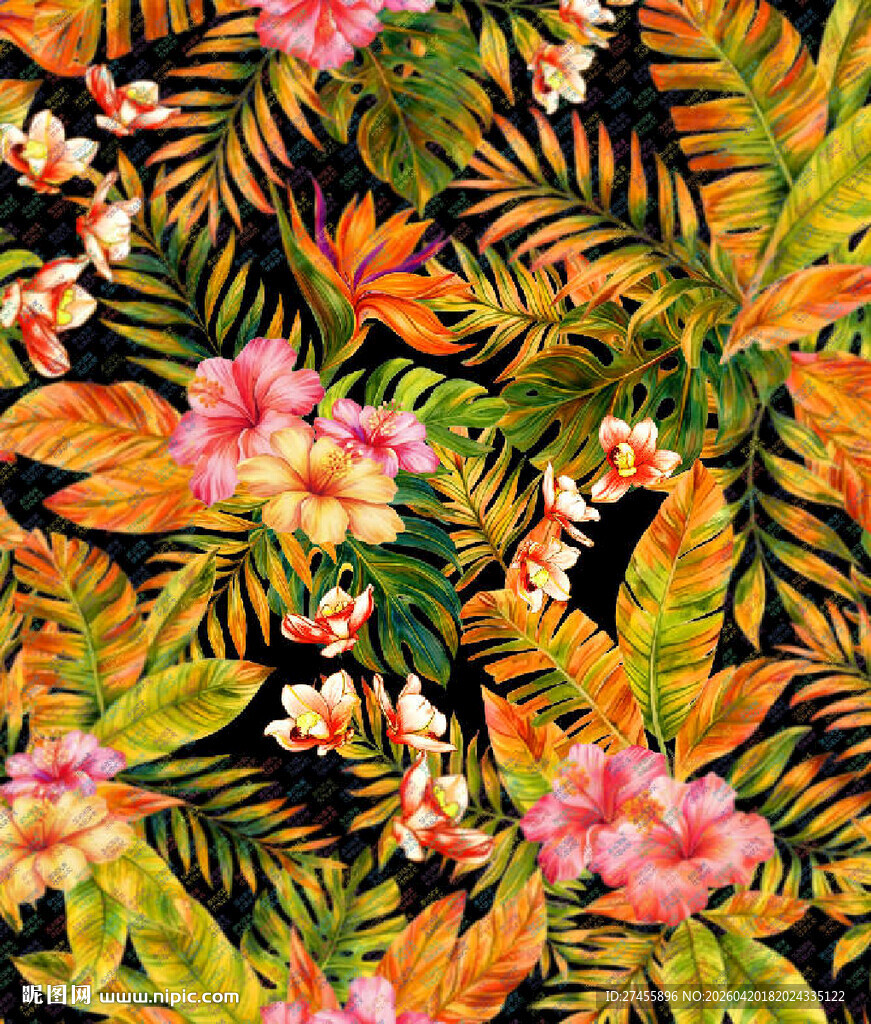 热带花卉植物印花图案